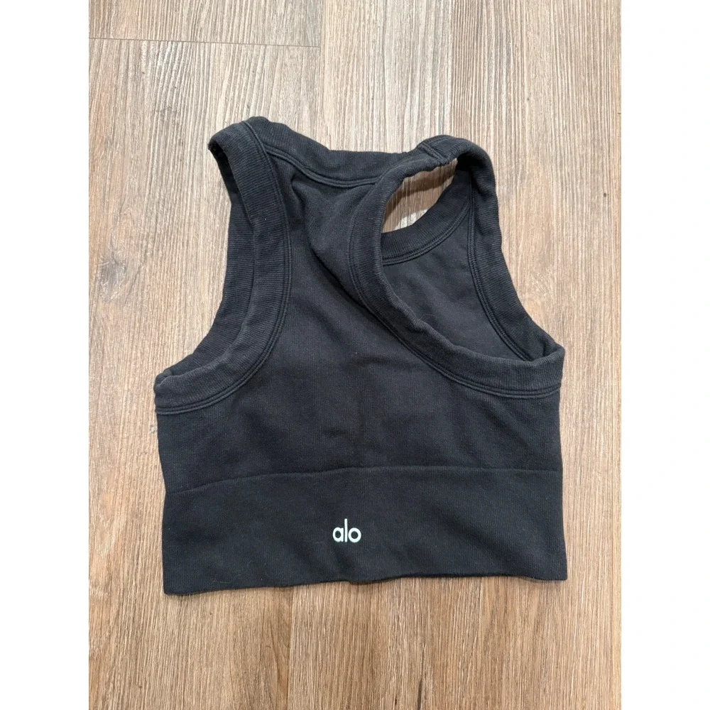 Alo Yoga Women Black Seamless Ribbed High Neck Racerback Sports Bra Top 402
